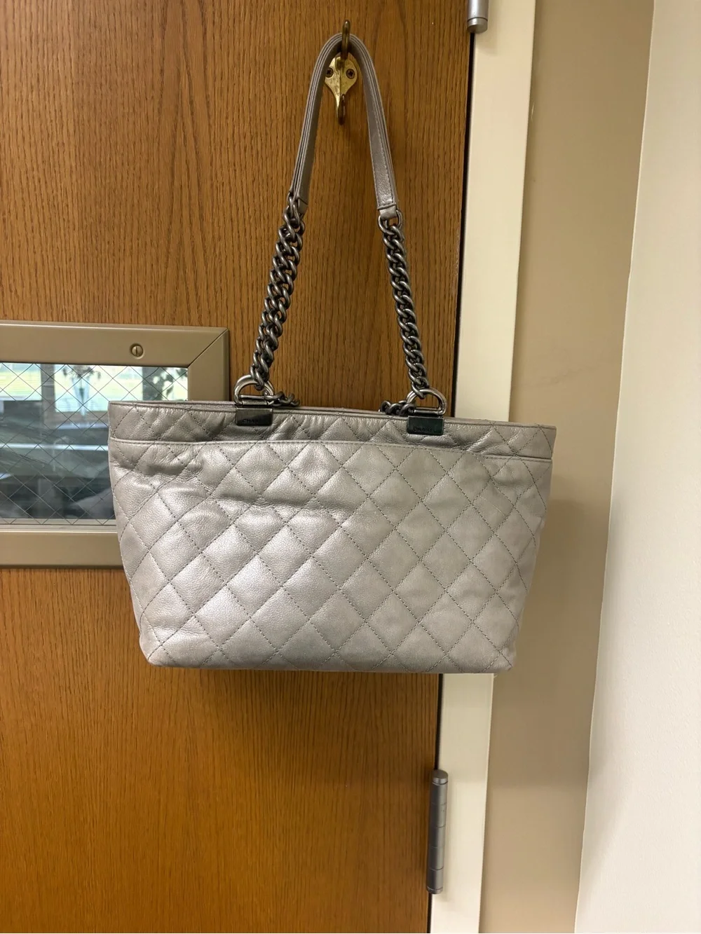 CHANEL Silver Quilted Leather Tote with CC Logo